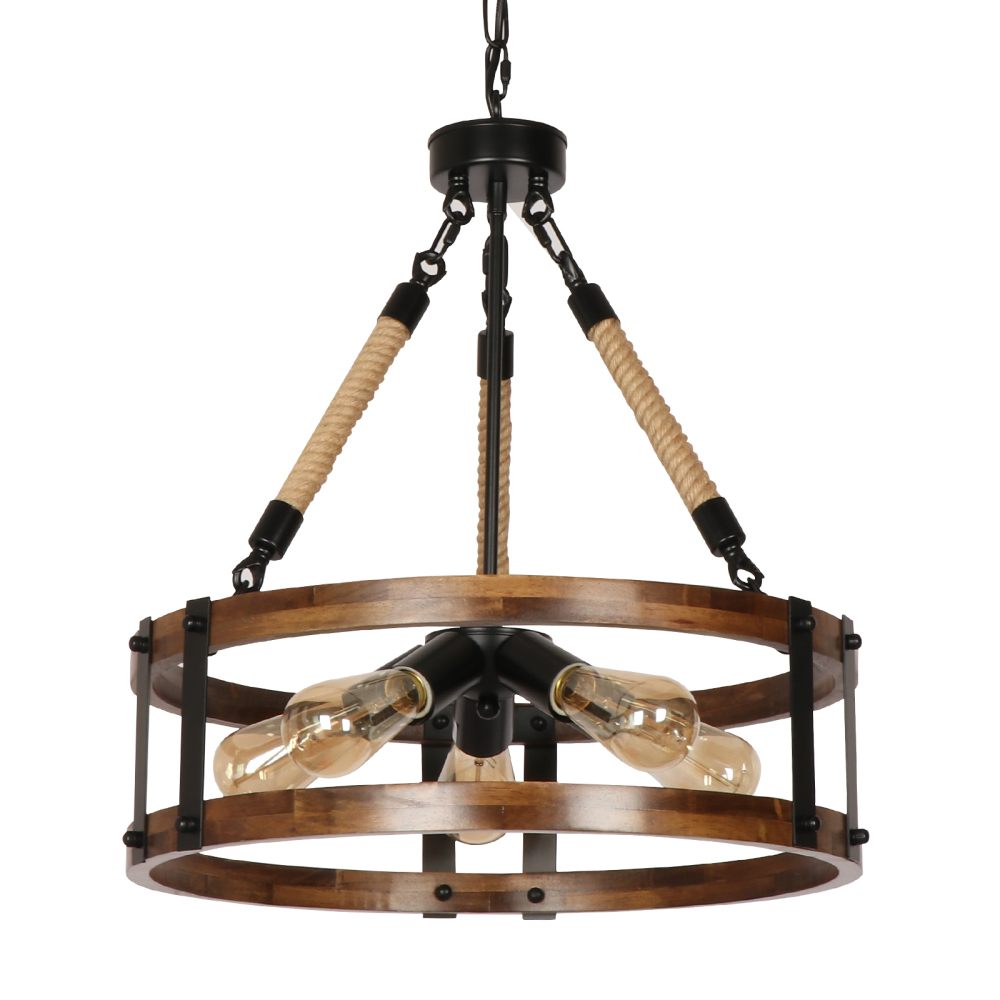 Anmytek Farmhouse Rustic Chandelier Light Fixture, 5-Light Round Wooden Chandelier, Decorative Lighting Fixture for Dining Room Kitchen Island Breakfast Area