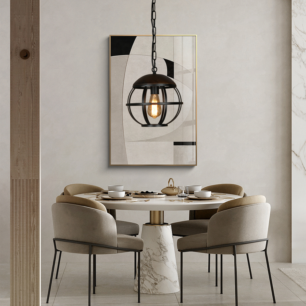 Anmytek Industrial Globe Hanging Light Fixtures Modern Black Pendant Island Lights for Kitchen Spherical Cage Farmhouse Chandelier
