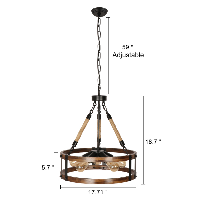 Anmytek Farmhouse Rustic Chandelier Light Fixture, 5-Light Round Wooden Chandelier, Decorative Lighting Fixture for Dining Room Kitchen Island Breakfast Area