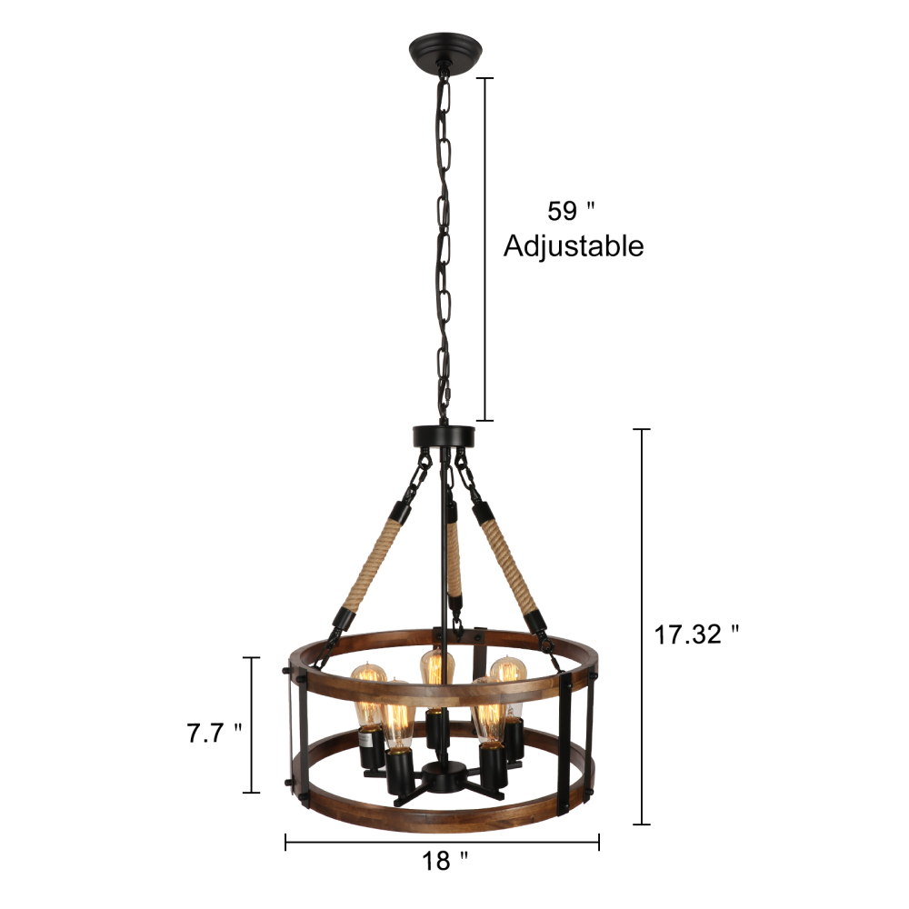 Anmytek Rustic Wood Chandelier for Dining Room 5-Light, Kitchen Island Industrial Pendant Light Vintage Hanging Dining Room Farmhouse Light Fixtures