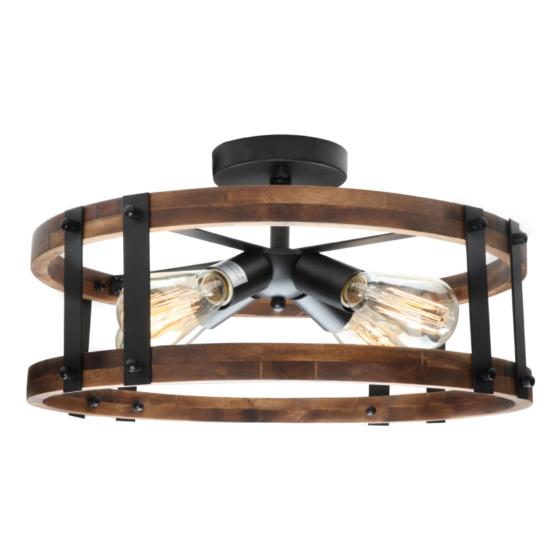 Anmytek Semi Flush Mount Ceiling Light Fixture, Modern Farmhouse Wood Drum Ceiling Lamp, Rustic Close to Ceiling Lighting for Hallway Entryway Laundry Room Bedroom