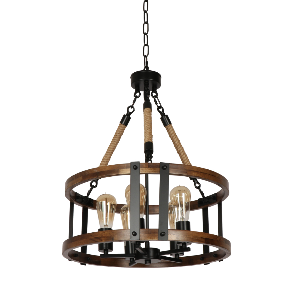 Anmytek Rustic Wood Chandelier for Dining Room 5-Light, Kitchen Island Industrial Pendant Light Vintage Hanging Dining Room Farmhouse Light Fixtures