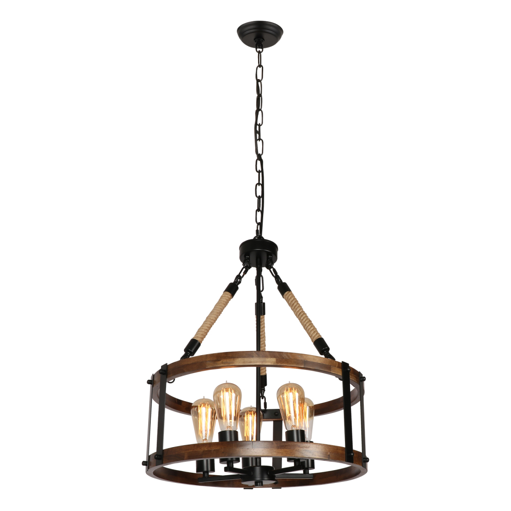 Anmytek Rustic Wood Chandelier for Dining Room 5-Light, Kitchen Island Industrial Pendant Light Vintage Hanging Dining Room Farmhouse Light Fixtures