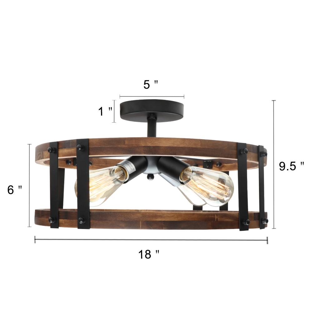 Anmytek Semi Flush Mount Ceiling Light Fixture, Modern Farmhouse Wood Drum Ceiling Lamp, Rustic Close to Ceiling Lighting for Hallway Entryway Laundry Room Bedroom