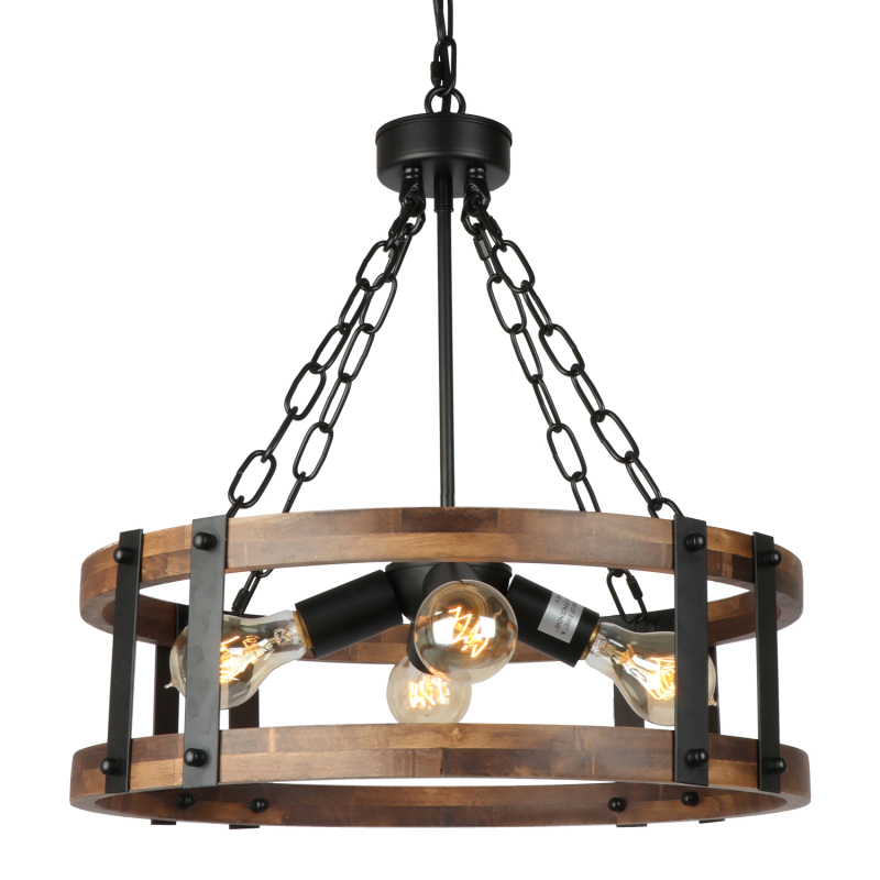 Anmytek Farmhouse Rustic Wood Chandelier, 4-Light Industrial Drum Chandelier for Dining Room Vintage Pendant Hanging Light Fixture with Black Metal Accent for Kitchen Living Room Dining Area