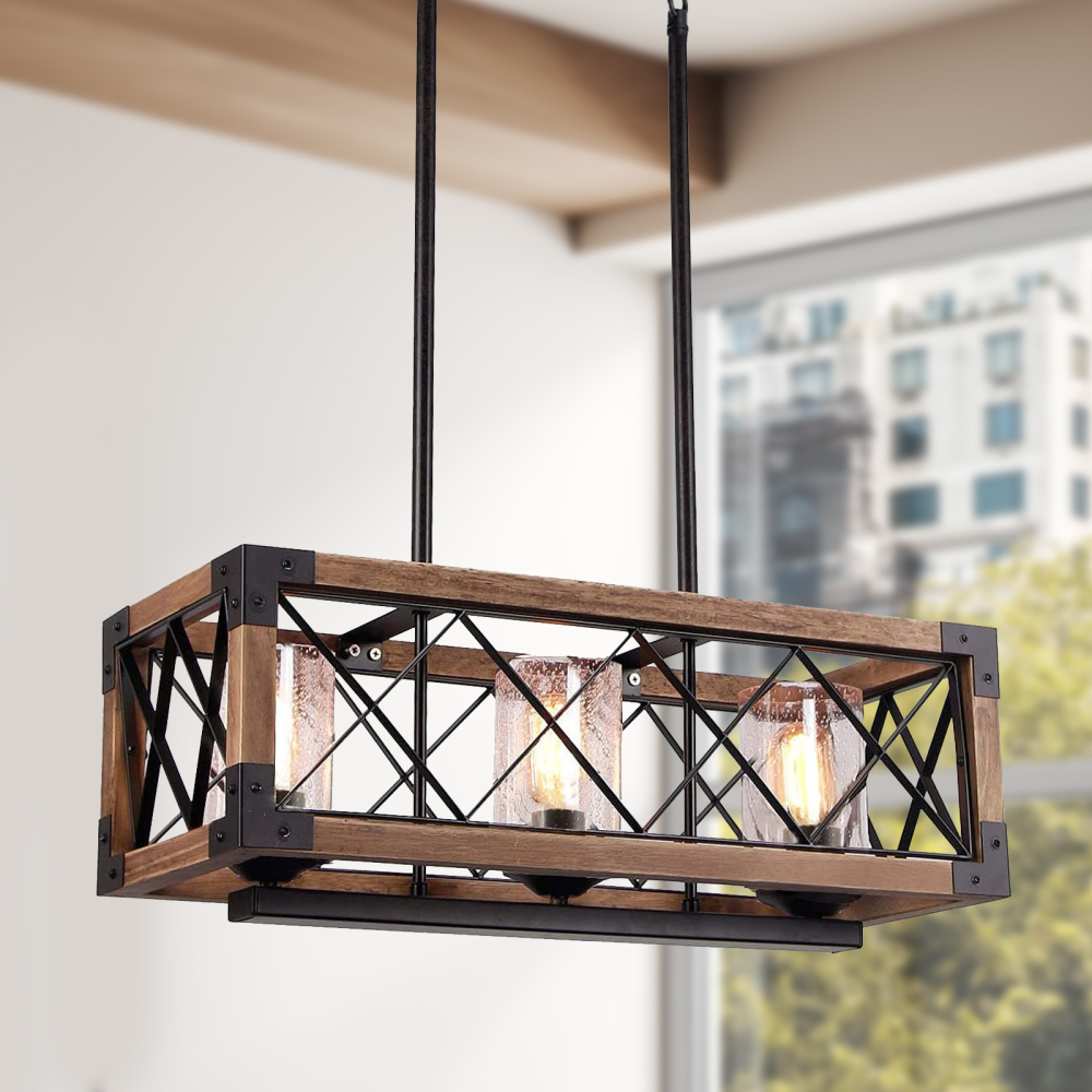 Anmytek Kitchen Island Pendant Light Rectangle Wood Metal Chandelier Black Finish Rustic Industrial Chandelier Vintage Ceiling Light Fixture 3 Lights with Glass Shade
