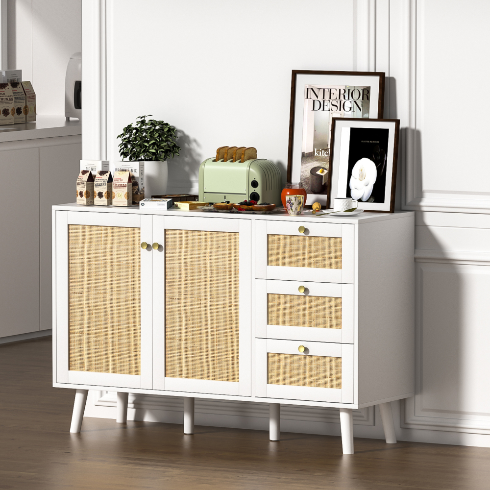 Anmytek Rattan Cabinet, Black Sideboard Buffet Cabinet with 2 Doors and 3 Drawers, Sideboard with Storage Wood Credenza Storage Cabinet for Living Room Dining Room Hallway Kitchen