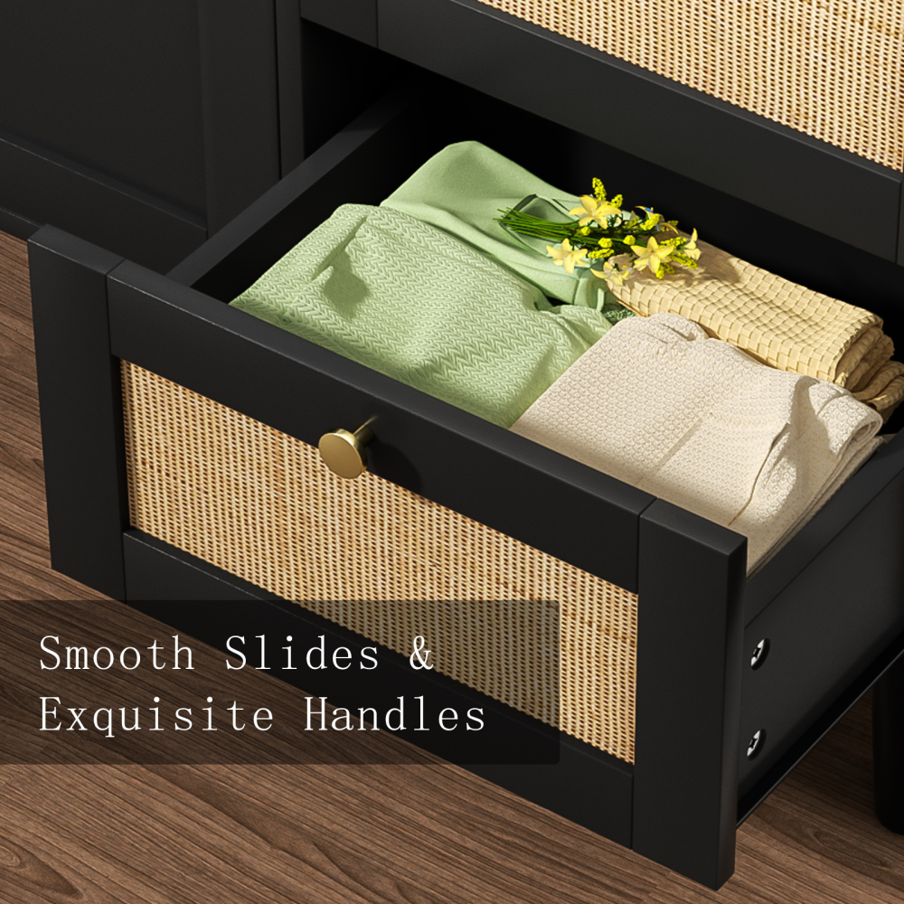 Anmytek Rattan Cabinet, Black Sideboard Buffet Cabinet with 2 Doors and 3 Drawers, Sideboard with Storage Wood Credenza Storage Cabinet for Living Room Dining Room Hallway Kitchen