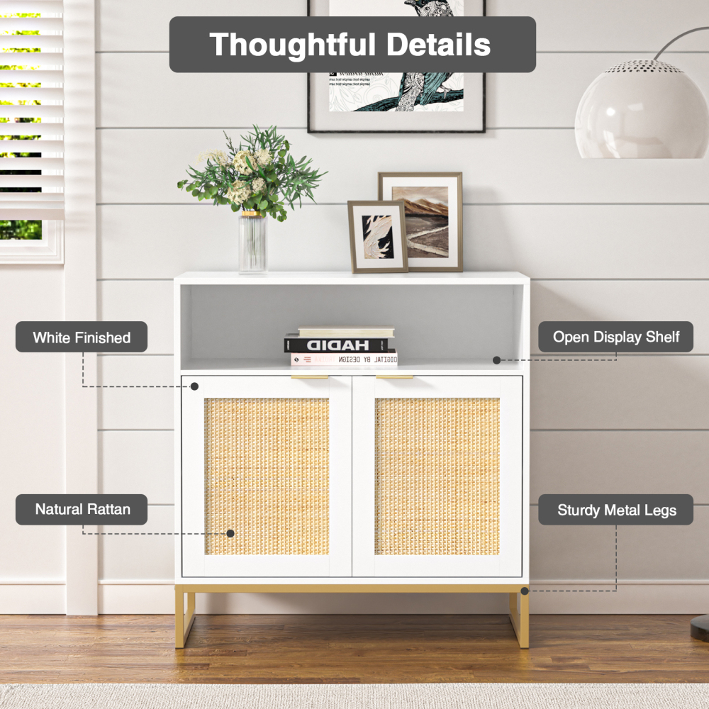 Anmytek Rattan Cabinet, Sideboards and Buffets with Storage White Cabinet with Doors and Adjustable Shelf Kitchen Cabinet