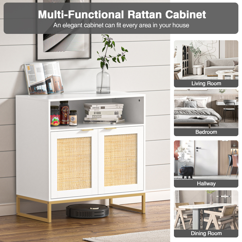 Anmytek Rattan Cabinet, Sideboards and Buffets with Storage White Cabinet with Doors and Adjustable Shelf Kitchen Cabinet