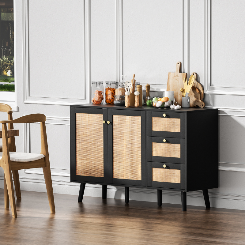 Anmytek Rattan Cabinet, Black Sideboard Buffet Cabinet with 2 Doors and 3 Drawers, Sideboard with Storage Wood Credenza Storage Cabinet for Living Room Dining Room Hallway Kitchen