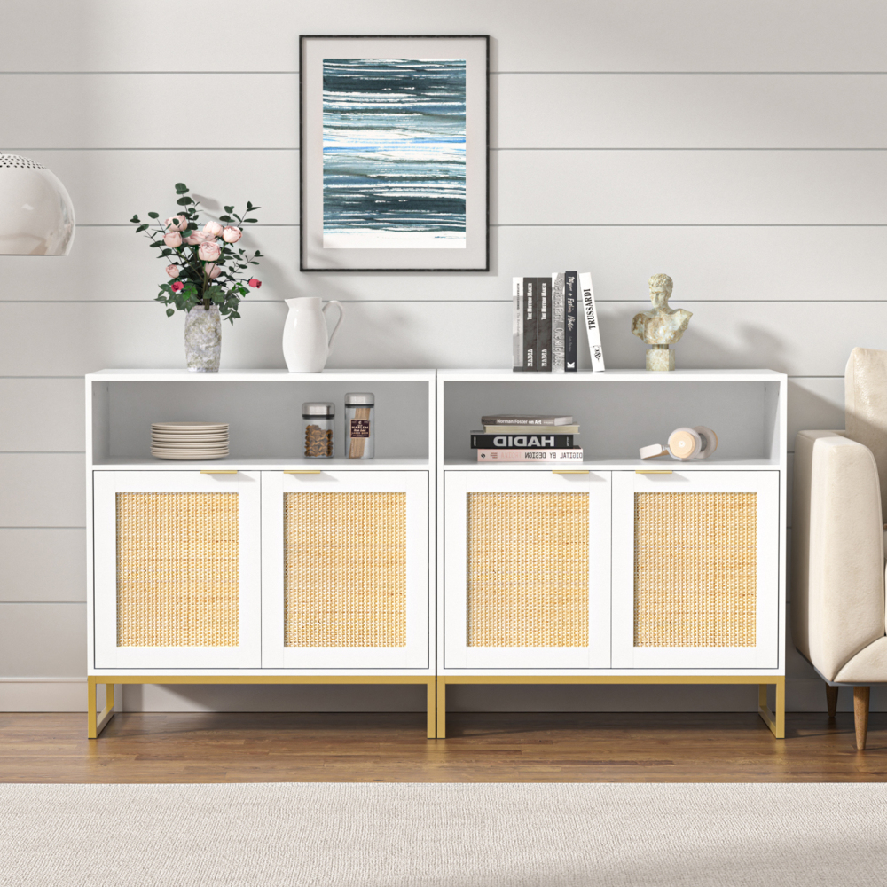 Anmytek Rattan Cabinet, Sideboards and Buffets with Storage White Cabinet with Doors and Adjustable Shelf Kitchen Cabinet