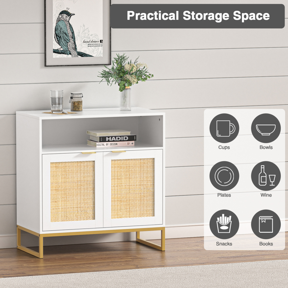 Anmytek Rattan Cabinet, Sideboards and Buffets with Storage White Cabinet with Doors and Adjustable Shelf Kitchen Cabinet