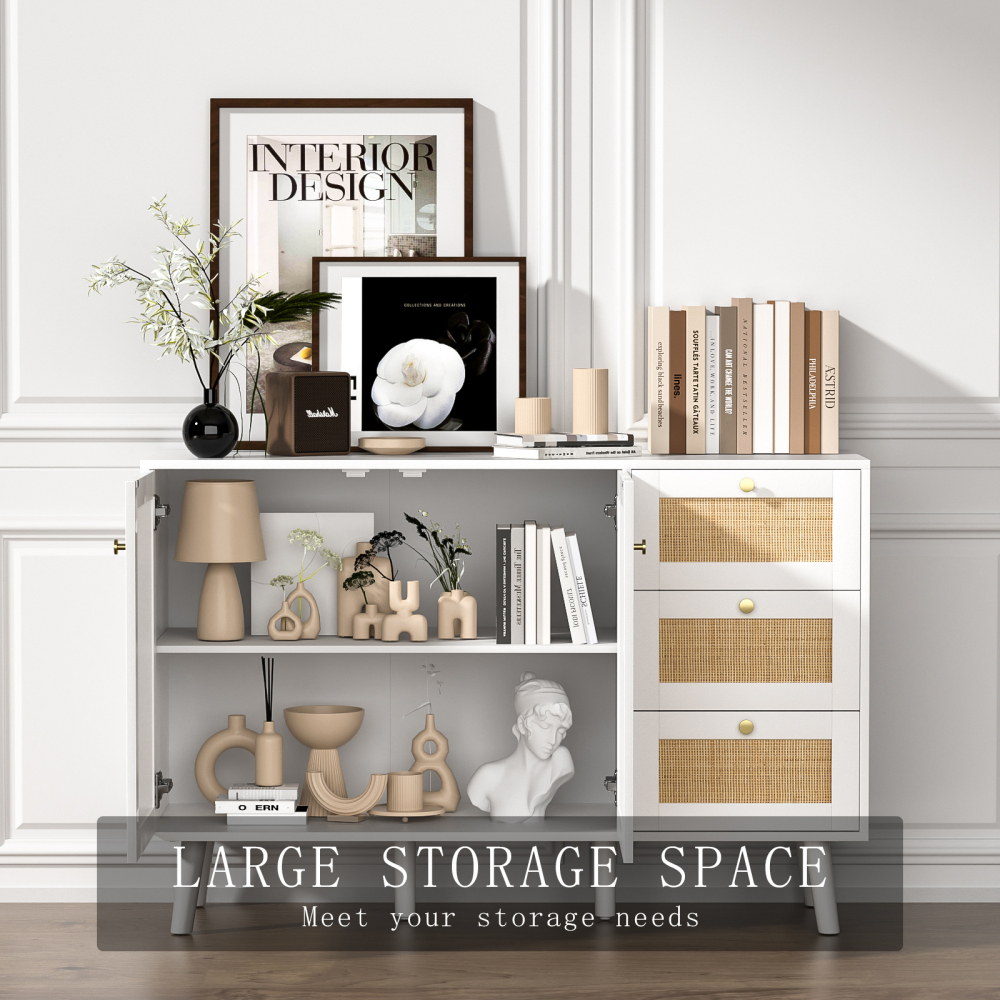 Anmytek Rattan Cabinet, Black Sideboard Buffet Cabinet with 2 Doors and 3 Drawers, Sideboard with Storage Wood Credenza Storage Cabinet for Living Room Dining Room Hallway Kitchen