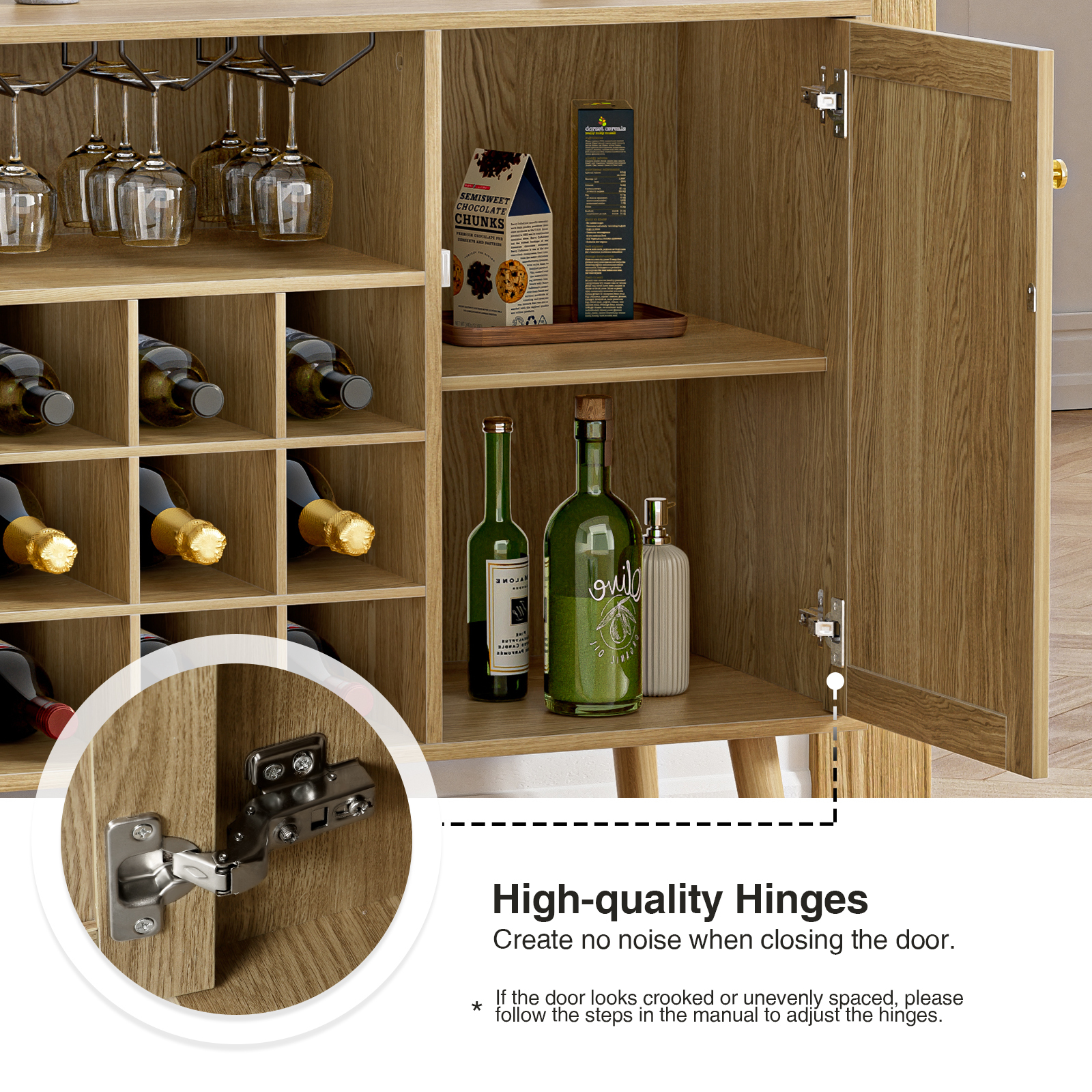 Anmytek Rattan Wine Bar Cabinet 2-Door Farmhouse Liquor Cabinet with Wine Rack and Glass Holder, White Sideboard Buffet Storage, Modern Wooden Coffee Bar Cabinet for Living Dining Room Kitchen