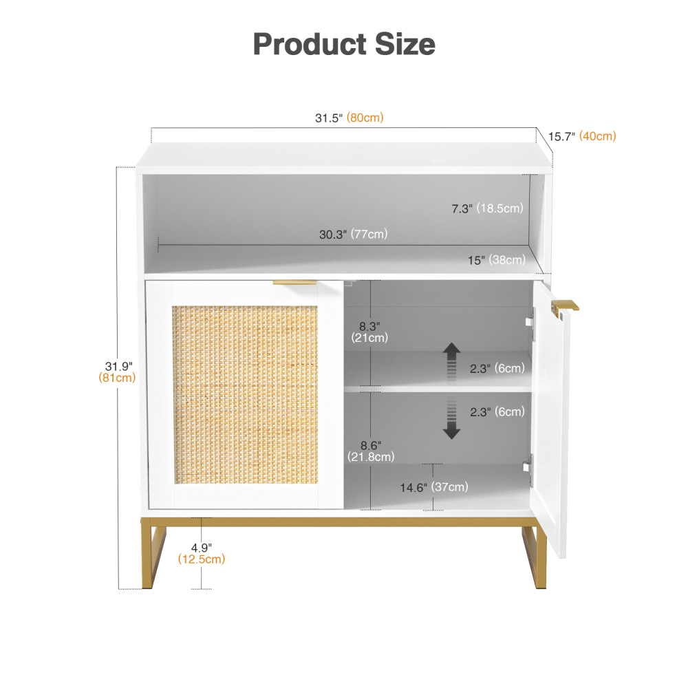 Anmytek Rattan Cabinet, Sideboards and Buffets with Storage White Cabinet with Doors and Adjustable Shelf Kitchen Cabinet