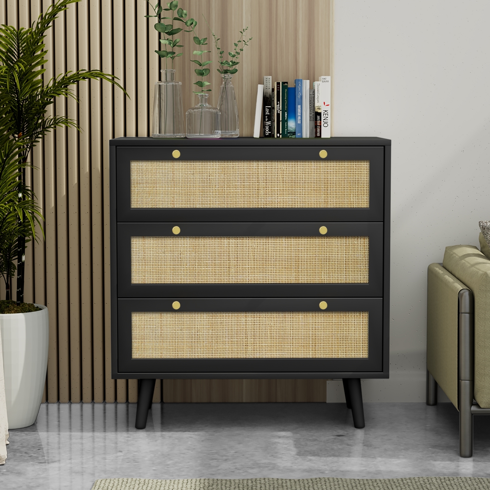 Anmytek Rattan Dresser with 3 Drawers and Spacious Storage
