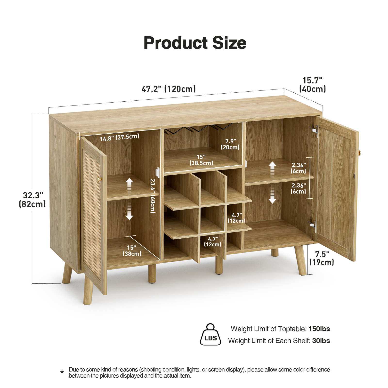 Anmytek Rattan Wine Bar Cabinet 2-Door Farmhouse Liquor Cabinet with Wine Rack and Glass Holder, White Sideboard Buffet Storage, Modern Wooden Coffee Bar Cabinet for Living Dining Room Kitchen