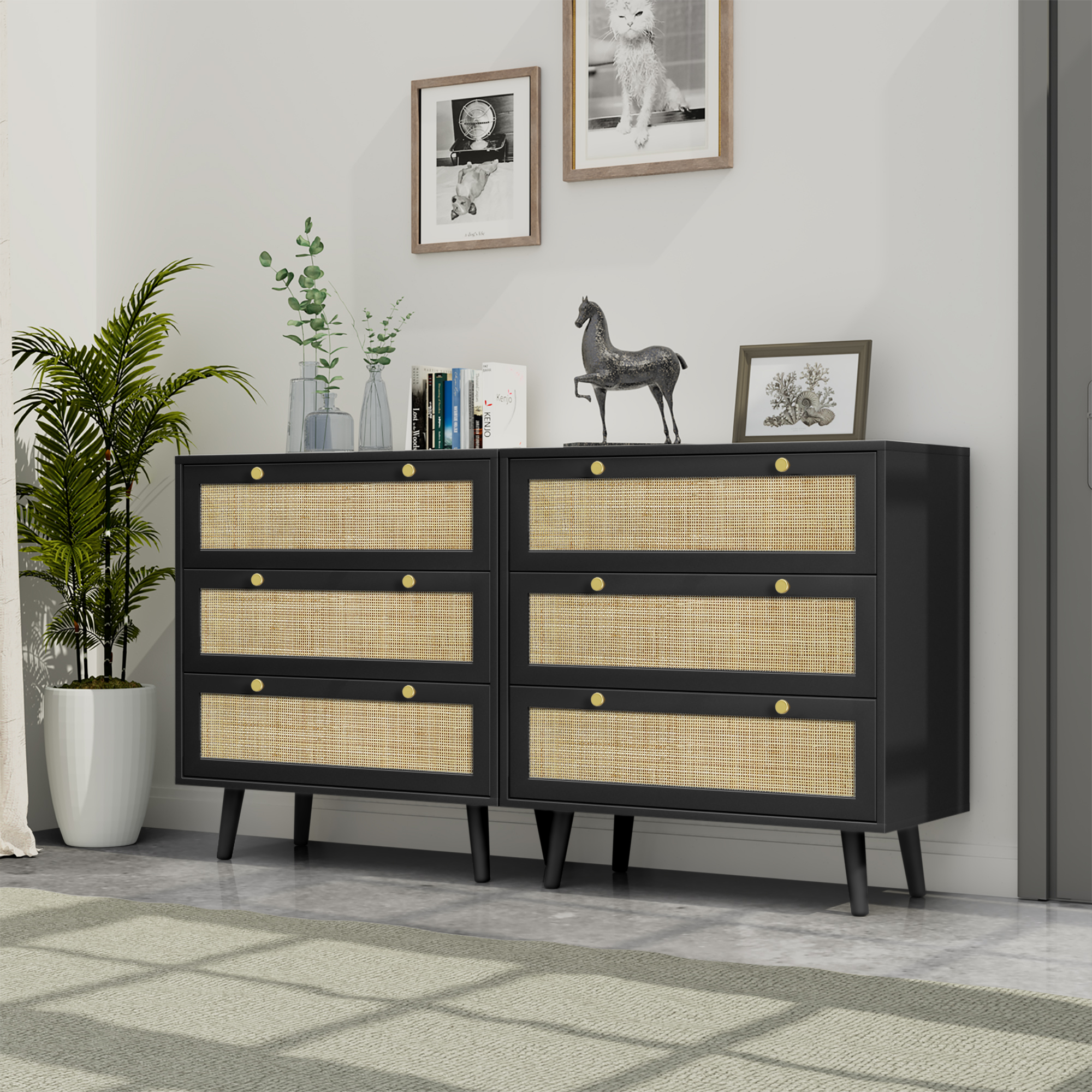 Anmytek Rattan Dresser with 3 Drawers and Spacious Storage