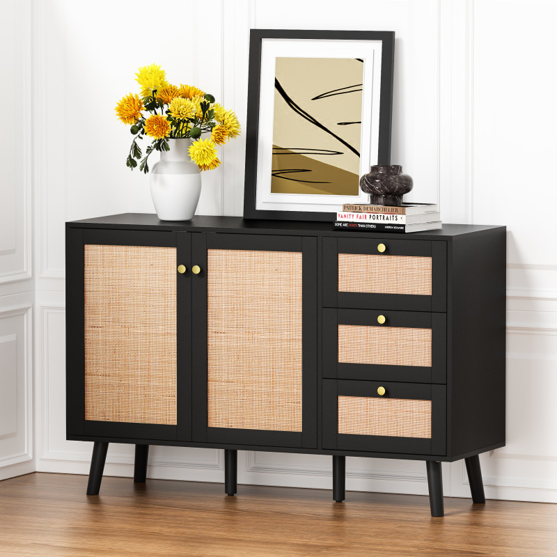 Anmytek Rattan Cabinet, Black Sideboard Buffet Cabinet with 2 Doors and 3 Drawers, Sideboard with Storage Wood Credenza Storage Cabinet for Living Room Dining Room Hallway Kitchen