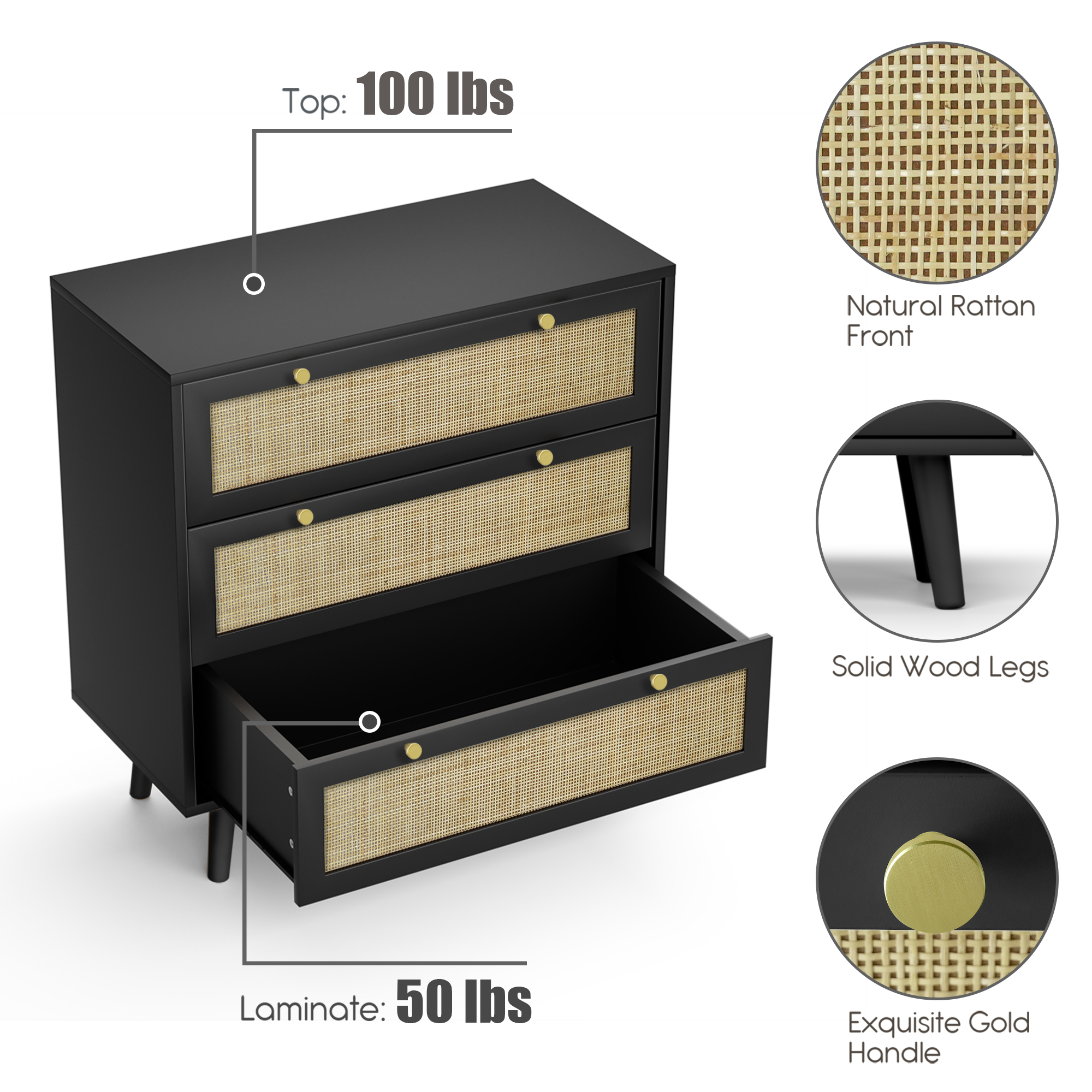 Anmytek Rattan Dresser with 3 Drawers and Spacious Storage