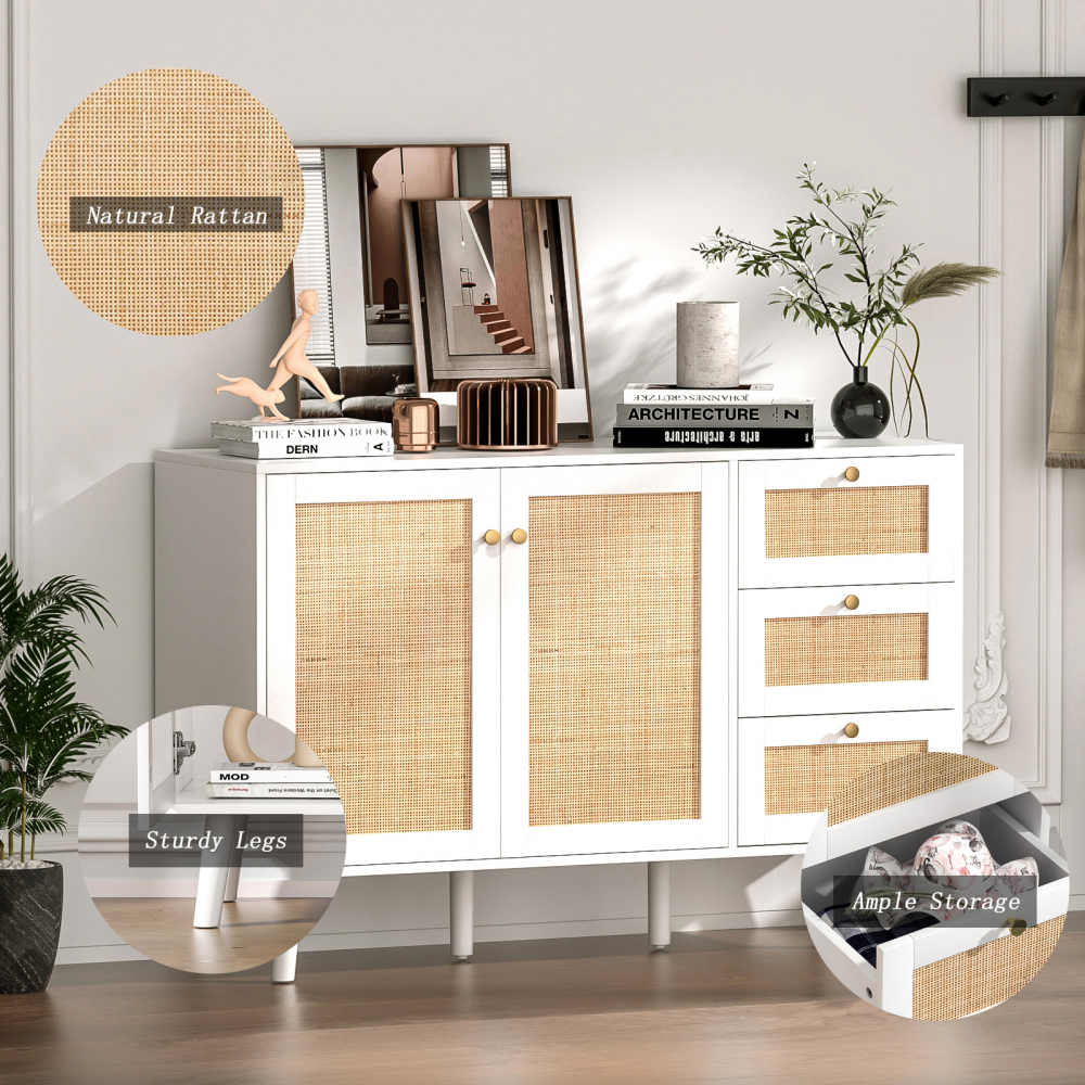 Anmytek Rattan Cabinet, Black Sideboard Buffet Cabinet with 2 Doors and 3 Drawers, Sideboard with Storage Wood Credenza Storage Cabinet for Living Room Dining Room Hallway Kitchen