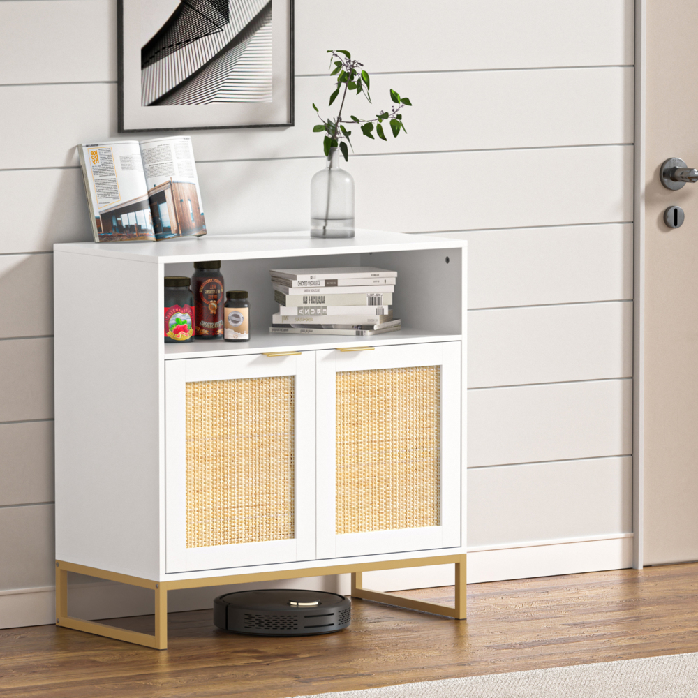 Anmytek Rattan Cabinet, Sideboards and Buffets with Storage White Cabinet with Doors and Adjustable Shelf Kitchen Cabinet