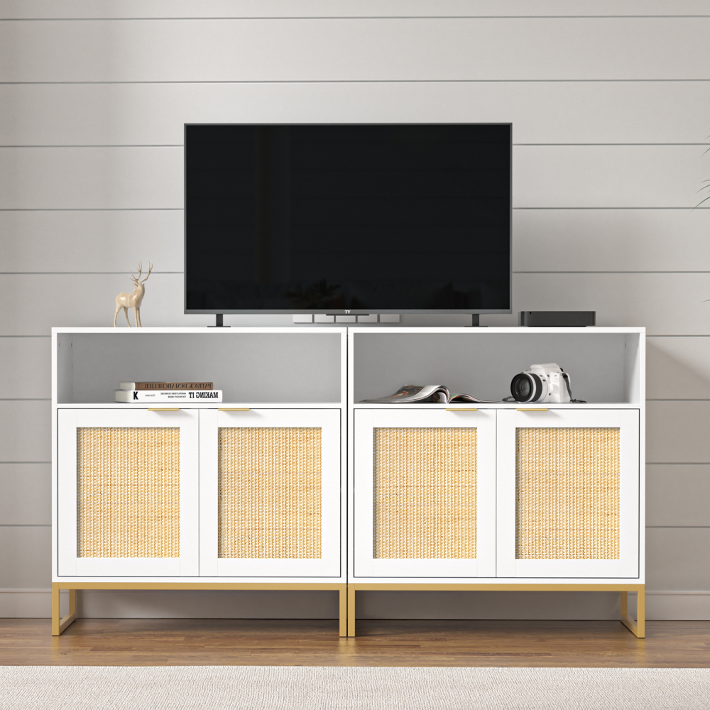 Anmytek Rattan Cabinet, Sideboards and Buffets with Storage White Cabinet with Doors and Adjustable Shelf Kitchen Cabinet