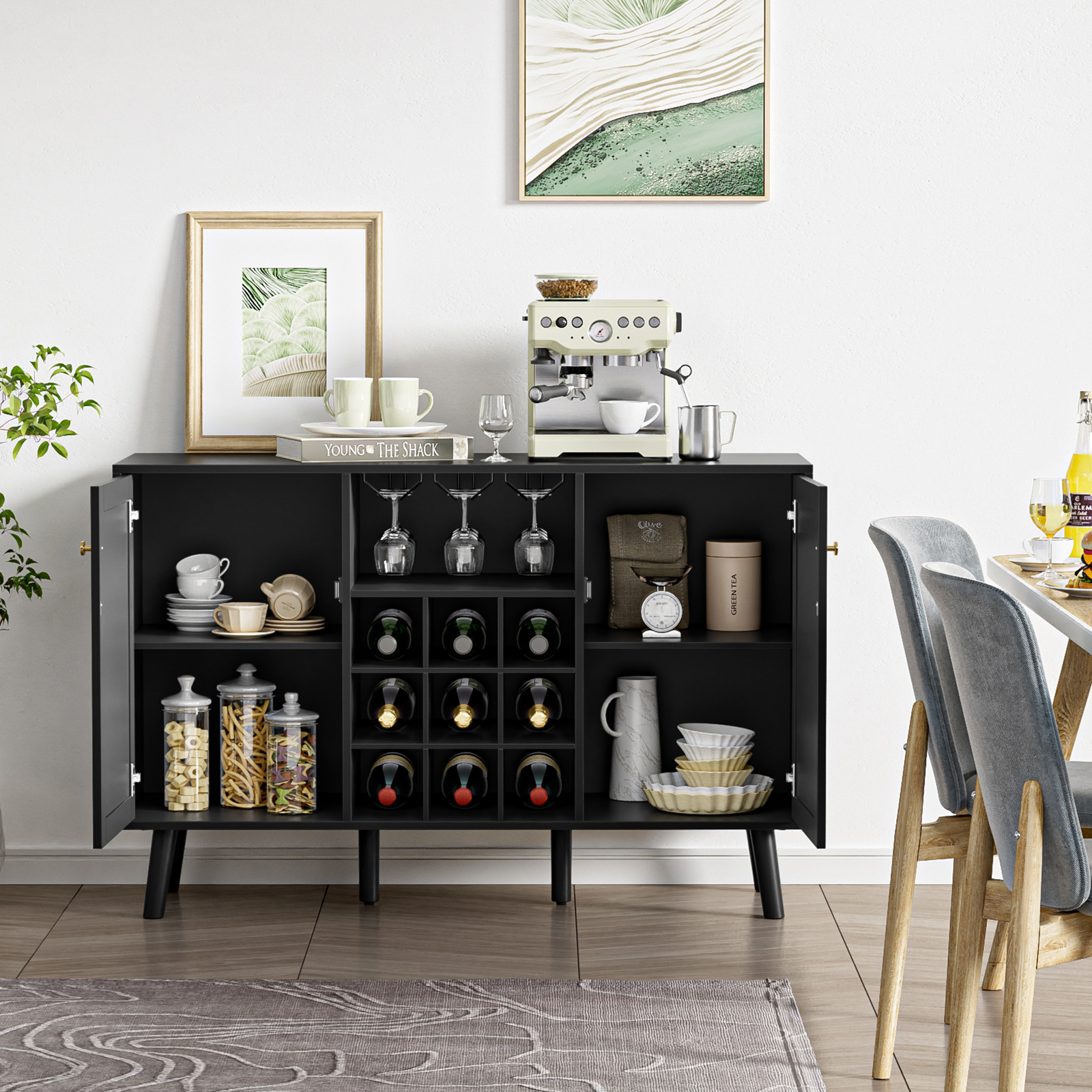 Anmytek Rattan Wine Bar Cabinet 2-Door Farmhouse Liquor Cabinet with Wine Rack and Glass Holder, White Sideboard Buffet Storage, Modern Wooden Coffee Bar Cabinet for Living Dining Room Kitchen