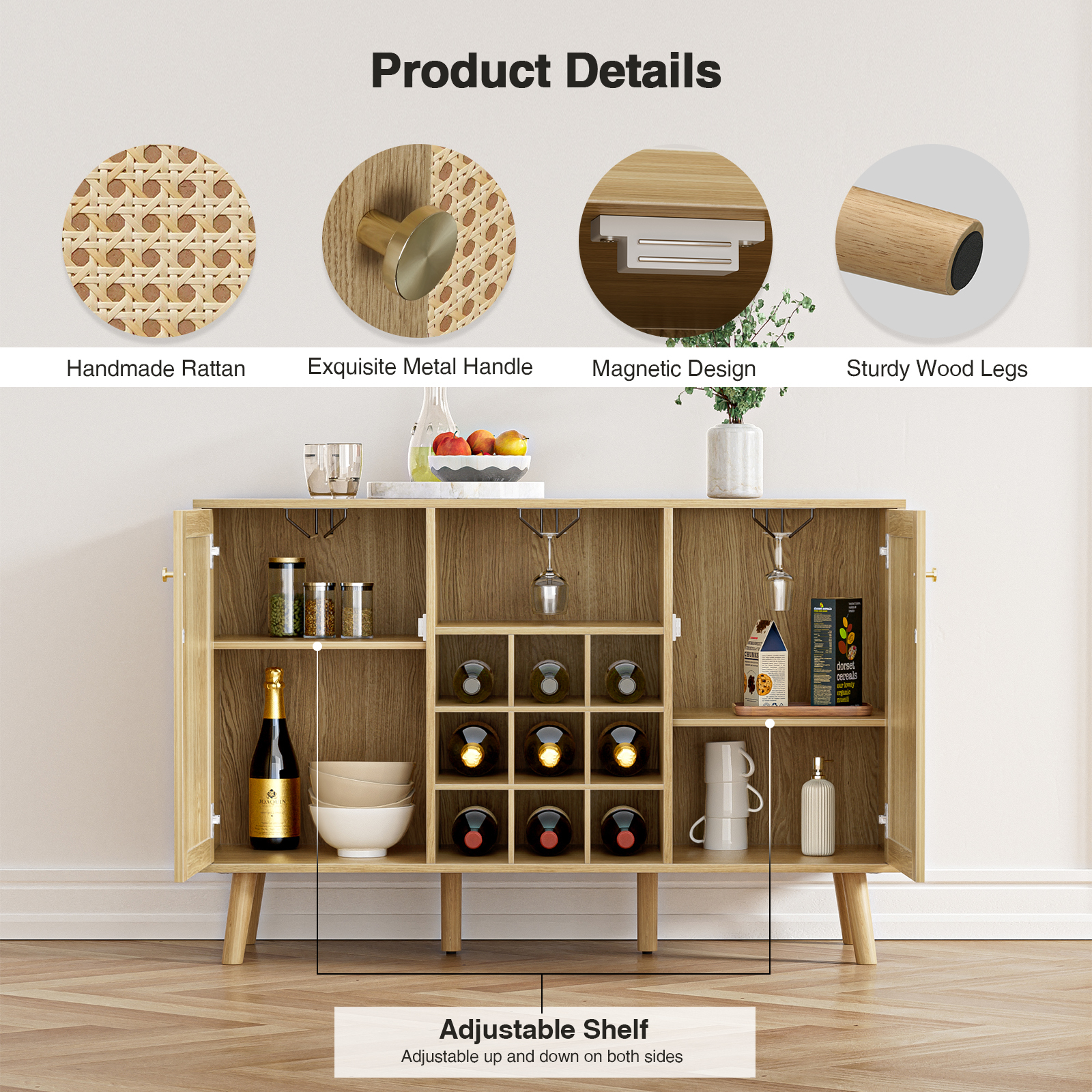 Anmytek Rattan Wine Bar Cabinet 2-Door Farmhouse Liquor Cabinet with Wine Rack and Glass Holder, White Sideboard Buffet Storage, Modern Wooden Coffee Bar Cabinet for Living Dining Room Kitchen