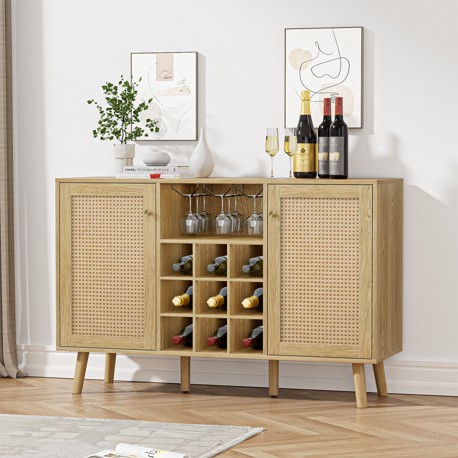 Anmytek Rattan Wine Bar Cabinet 2-Door Farmhouse Liquor Cabinet with Wine Rack and Glass Holder, White Sideboard Buffet Storage, Modern Wooden Coffee Bar Cabinet for Living Dining Room Kitchen