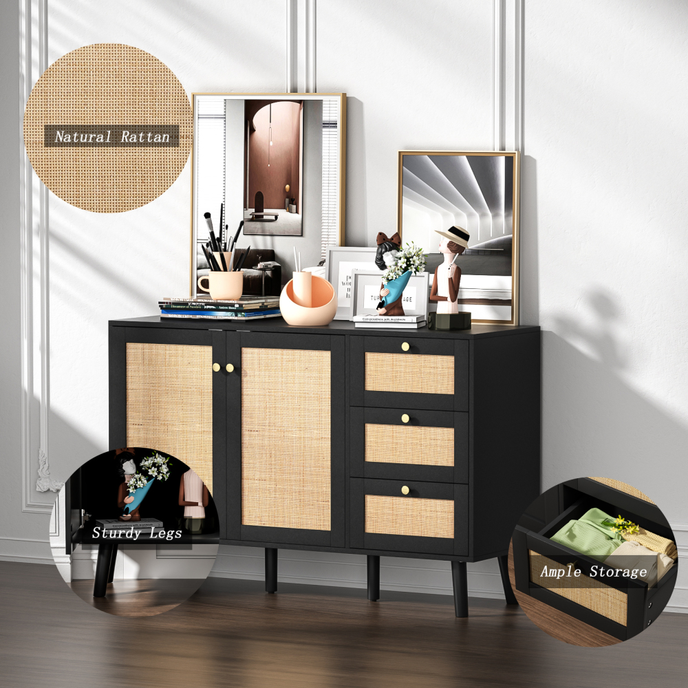 Anmytek Rattan Cabinet, Black Sideboard Buffet Cabinet with 2 Doors and 3 Drawers, Sideboard with Storage Wood Credenza Storage Cabinet for Living Room Dining Room Hallway Kitchen