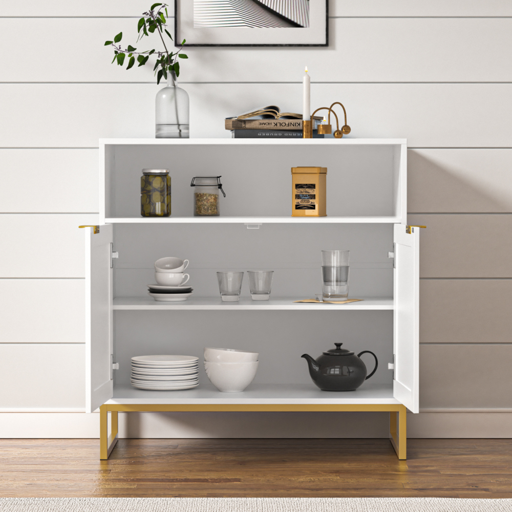 Anmytek Rattan Cabinet, Sideboards and Buffets with Storage White Cabinet with Doors and Adjustable Shelf Kitchen Cabinet