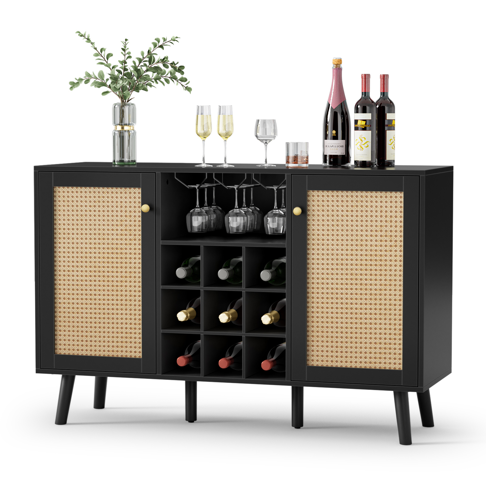Anmytek Rattan Wine Bar Cabinet 2-Door Farmhouse Liquor Cabinet with Wine Rack and Glass Holder, White Sideboard Buffet Storage, Modern Wooden Coffee Bar Cabinet for Living Dining Room Kitchen