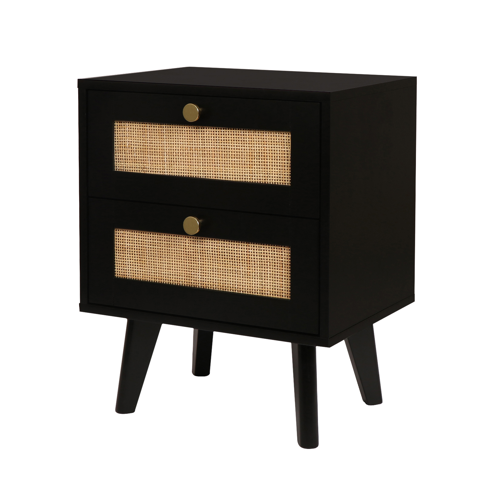 Anmytek White Nightstand, Farmhouse Rattan Nightstand Wood Bedside Table with 2 Drawers Mid Century Modern Nightstand End Table for Living Room Dorm