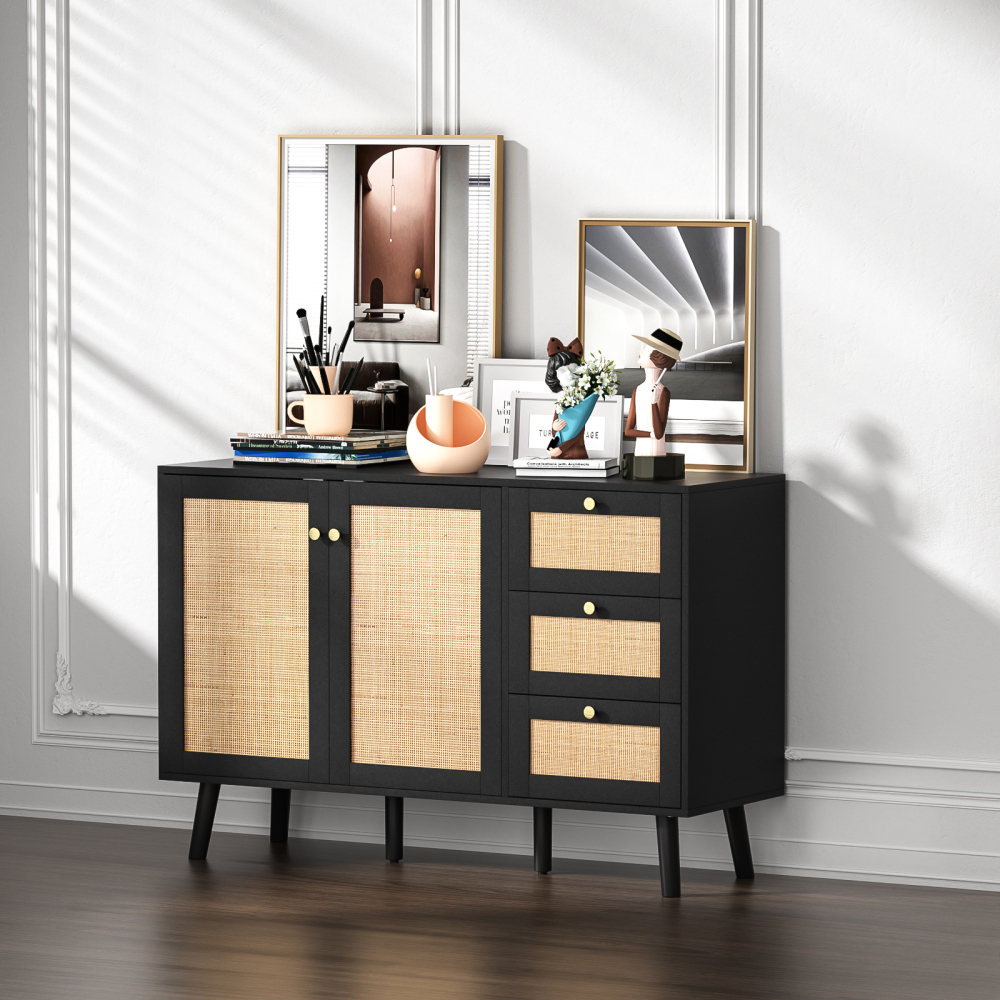 Anmytek Rattan Storage Cabinet, White Sideboard Buffet Cabinet with 2 Doors and 3 Drawers, Sideboard with Storage Wood Credenza Cabinet for Living Room Dining Room Hallway Kitchen