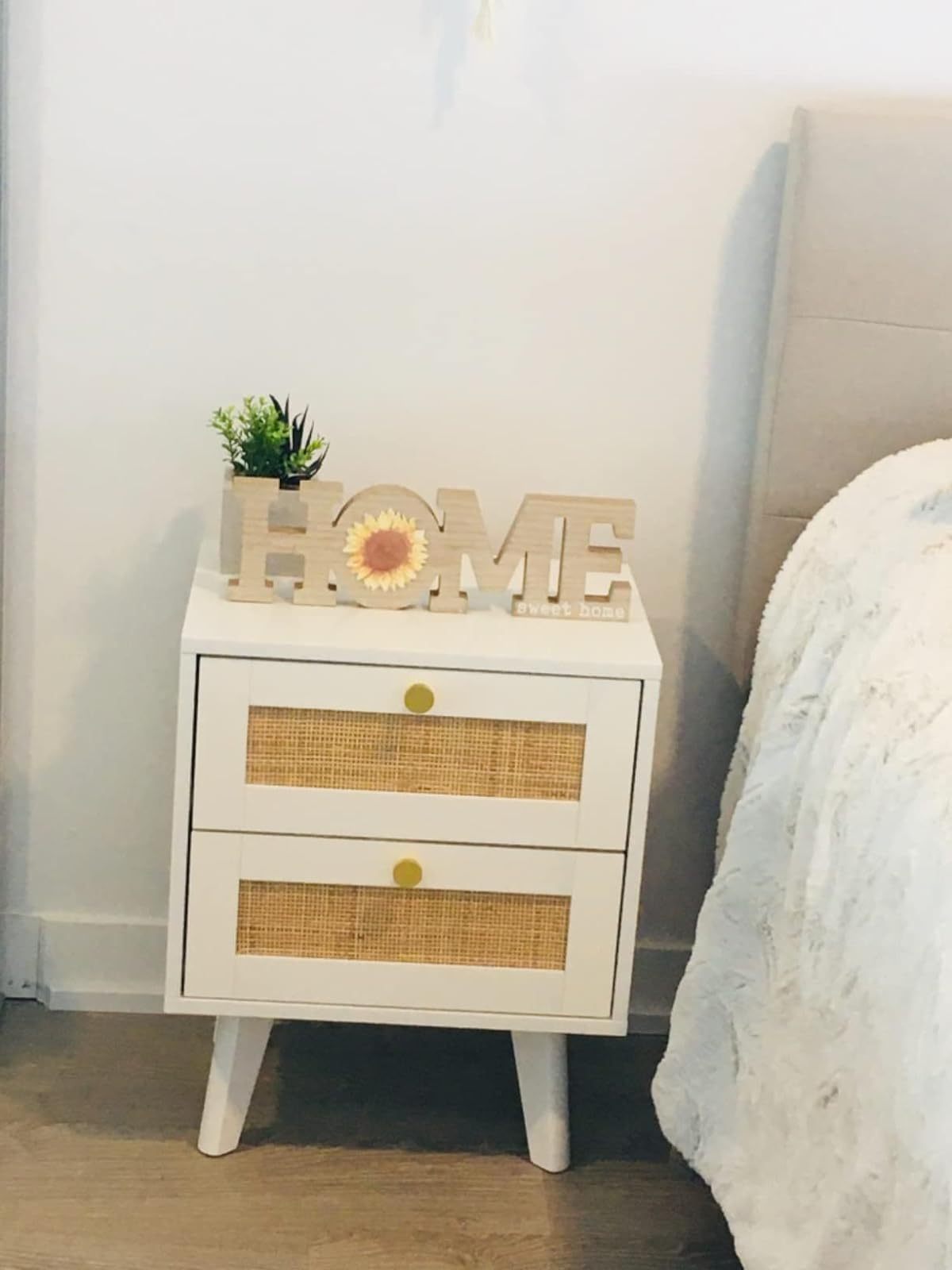 Anmytek Nightstand, Farmhouse Rattan Nightstand Wood Bedside Table with 2 Drawers Mid Century Modern Nightstand End Table for Bedroom Living Room Dorm