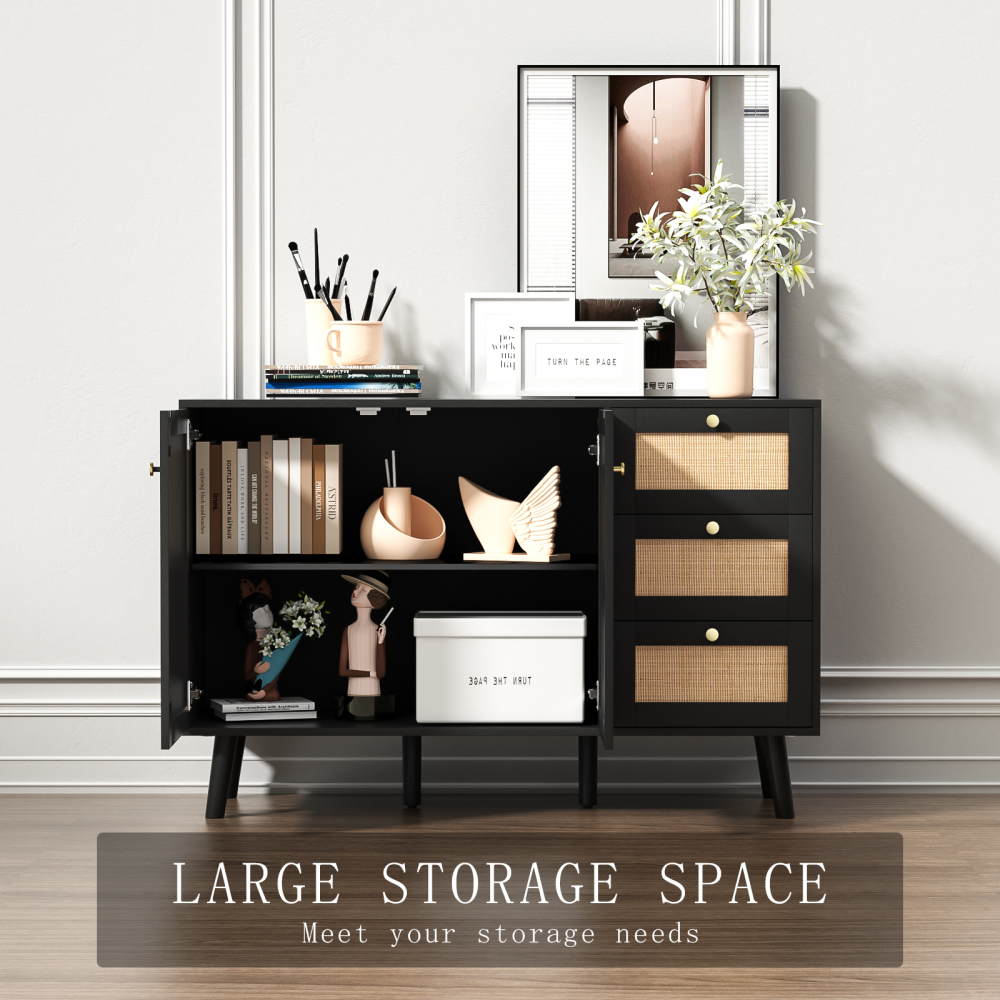 Anmytek Rattan Storage Cabinet, White Sideboard Buffet Cabinet with 2 Doors and 3 Drawers, Sideboard with Storage Wood Credenza Cabinet for Living Room Dining Room Hallway Kitchen