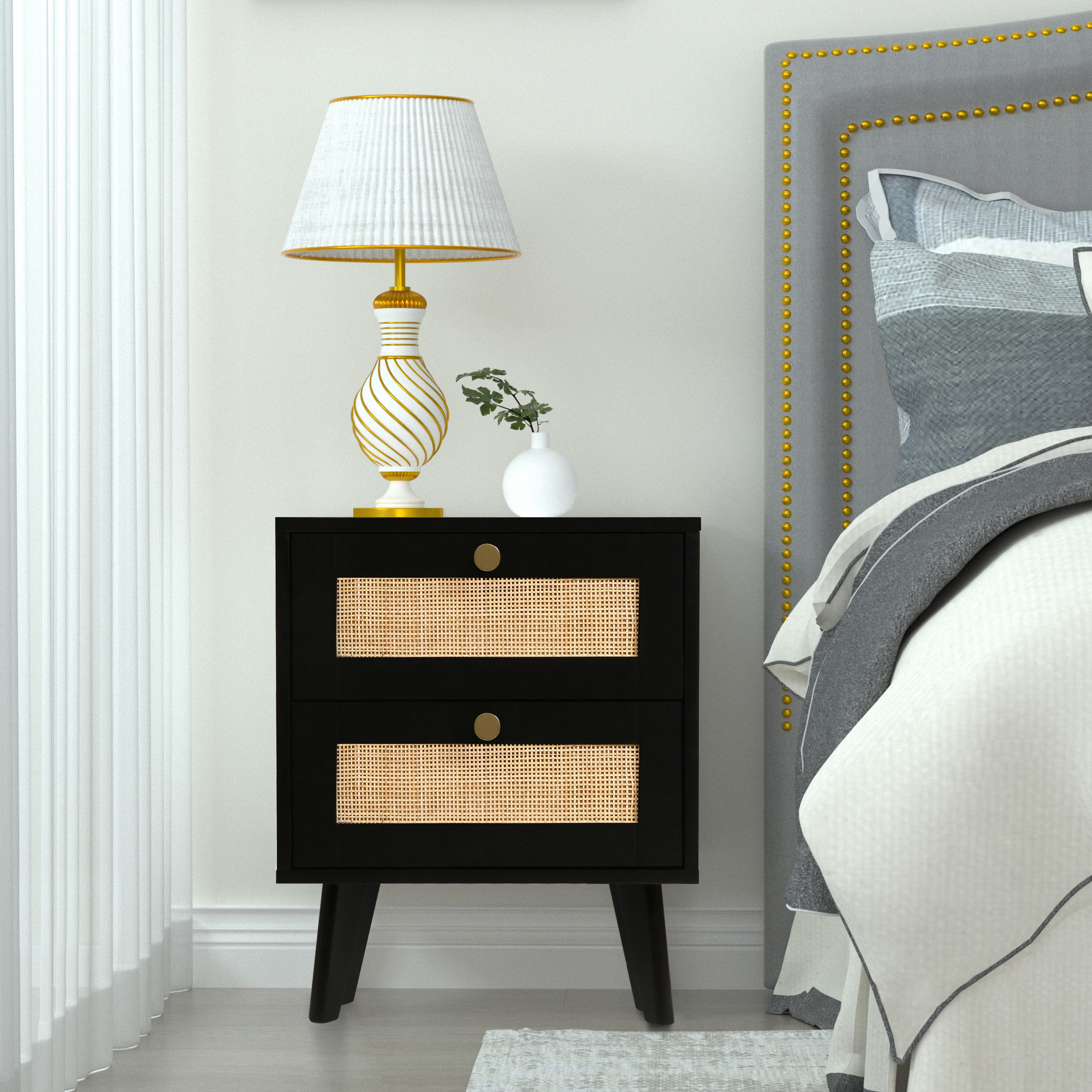 Anmytek White Nightstand, Farmhouse Rattan Nightstand Wood Bedside Table with 2 Drawers Mid Century Modern Nightstand End Table for Living Room Dorm