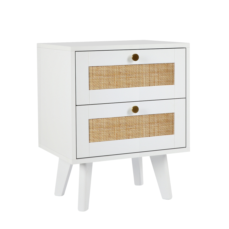 Anmytek White Nightstand, Farmhouse Rattan Nightstand Wood Bedside Table with 2 Drawers Mid Century Modern Nightstand End Table for Living Room Dorm