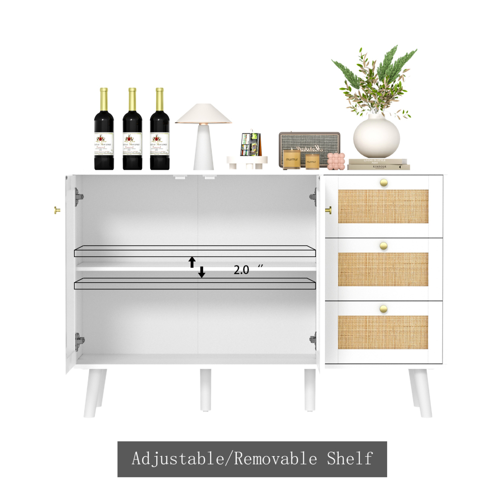 Anmytek Rattan Storage Cabinet, White Sideboard Buffet Cabinet with 2 Doors and 3 Drawers, Sideboard with Storage Wood Credenza Cabinet for Living Room Dining Room Hallway Kitchen