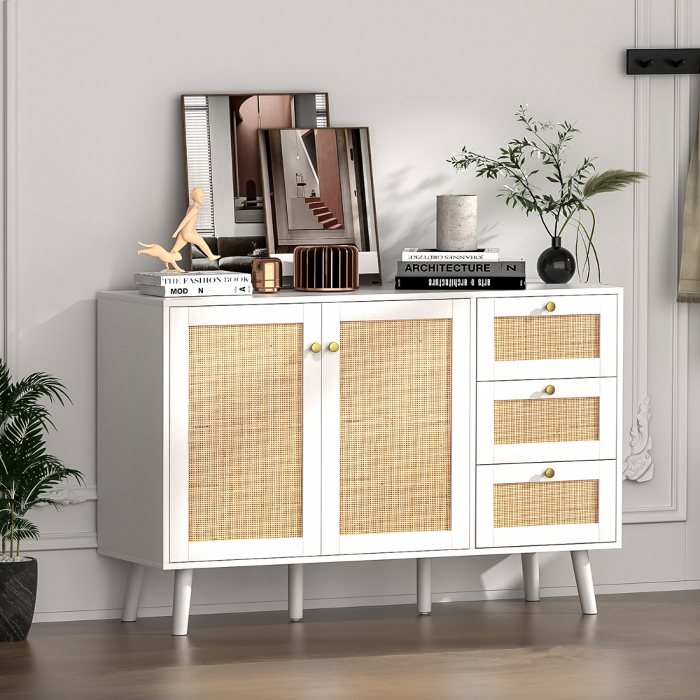 Anmytek Rattan Storage Cabinet, White Sideboard Buffet Cabinet with 2 Doors and 3 Drawers, Sideboard with Storage Wood Credenza Cabinet for Living Room Dining Room Hallway Kitchen