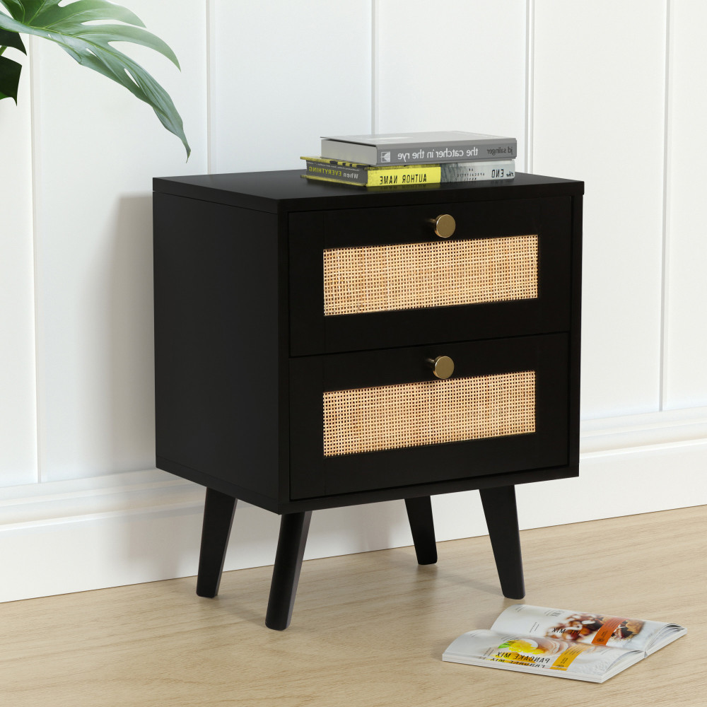 Anmytek White Nightstand, Farmhouse Rattan Nightstand Wood Bedside Table with 2 Drawers Mid Century Modern Nightstand End Table for Living Room Dorm