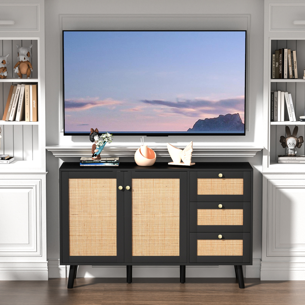 Anmytek Rattan Storage Cabinet, White Sideboard Buffet Cabinet with 2 Doors and 3 Drawers, Sideboard with Storage Wood Credenza Cabinet for Living Room Dining Room Hallway Kitchen