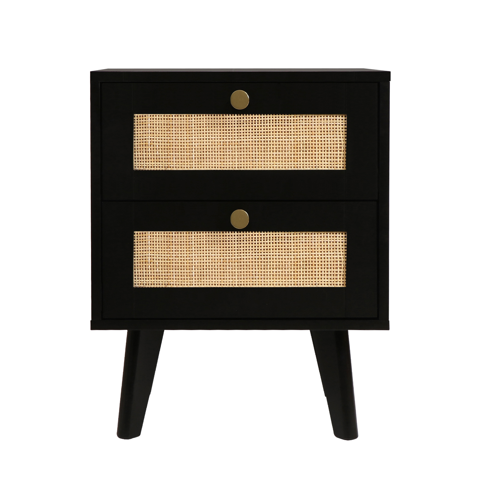 Anmytek White Nightstand, Farmhouse Rattan Nightstand Wood Bedside Table with 2 Drawers Mid Century Modern Nightstand End Table for Living Room Dorm