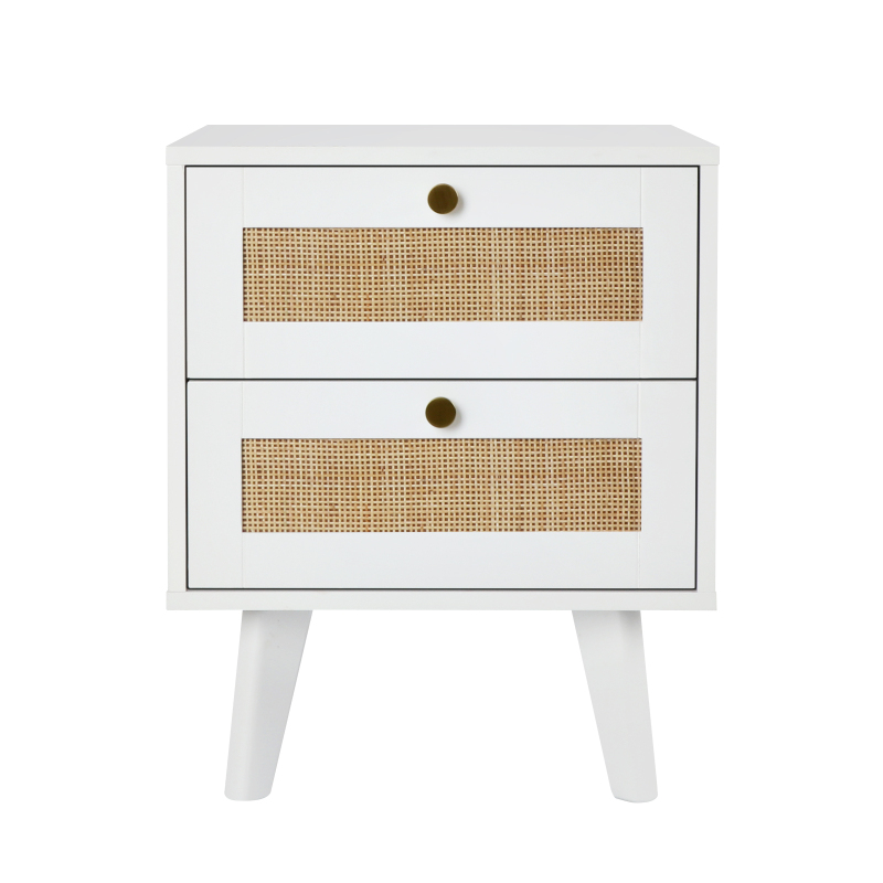 Anmytek White Nightstand, Farmhouse Rattan Nightstand Wood Bedside Table with 2 Drawers Mid Century Modern Nightstand End Table for Living Room Dorm