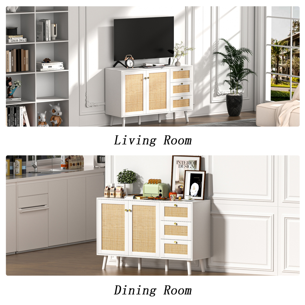 Anmytek Rattan Storage Cabinet, White Sideboard Buffet Cabinet with 2 Doors and 3 Drawers, Sideboard with Storage Wood Credenza Cabinet for Living Room Dining Room Hallway Kitchen