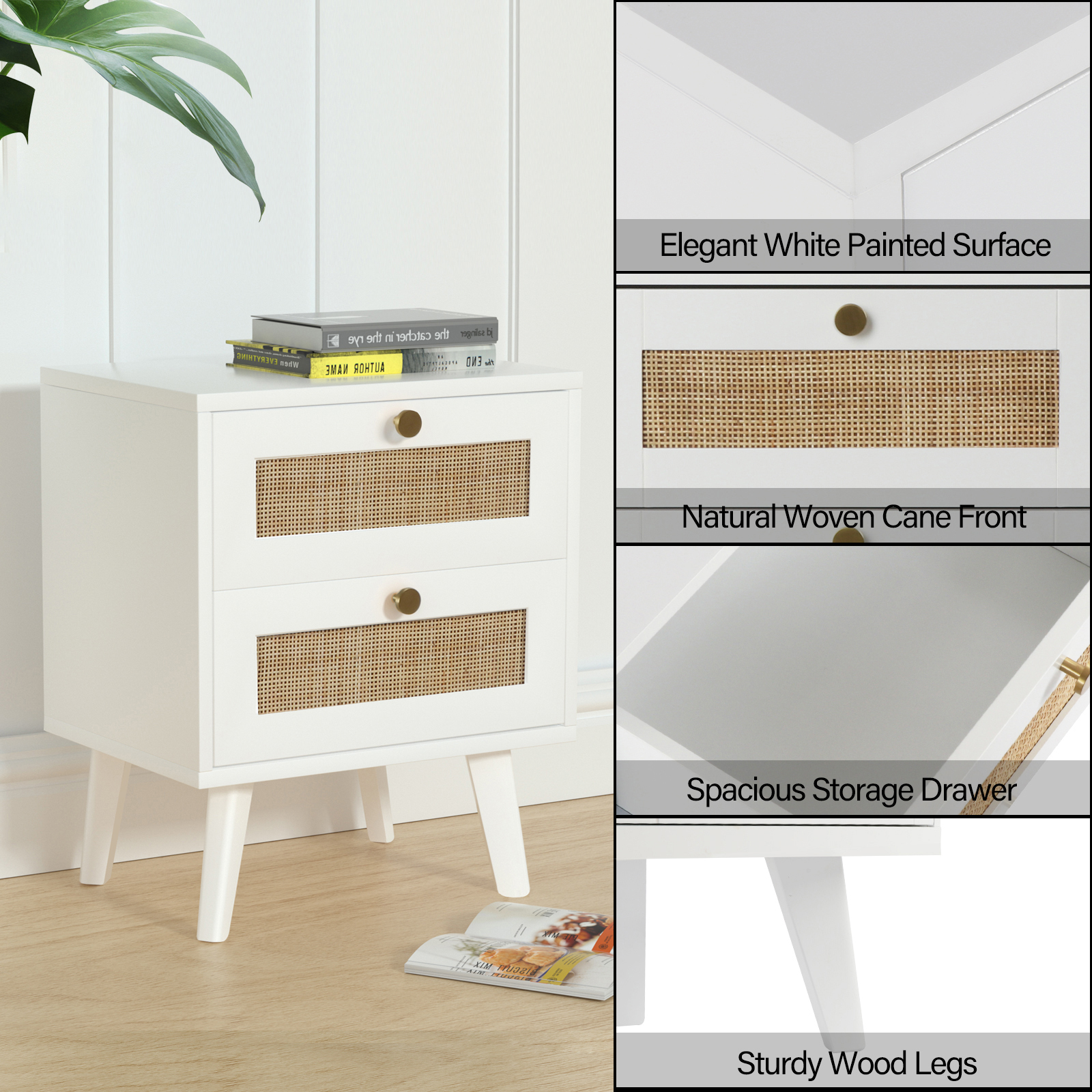 Anmytek White Nightstand, Farmhouse Rattan Nightstand Wood Bedside Table with 2 Drawers Mid Century Modern Nightstand End Table for Living Room Dorm