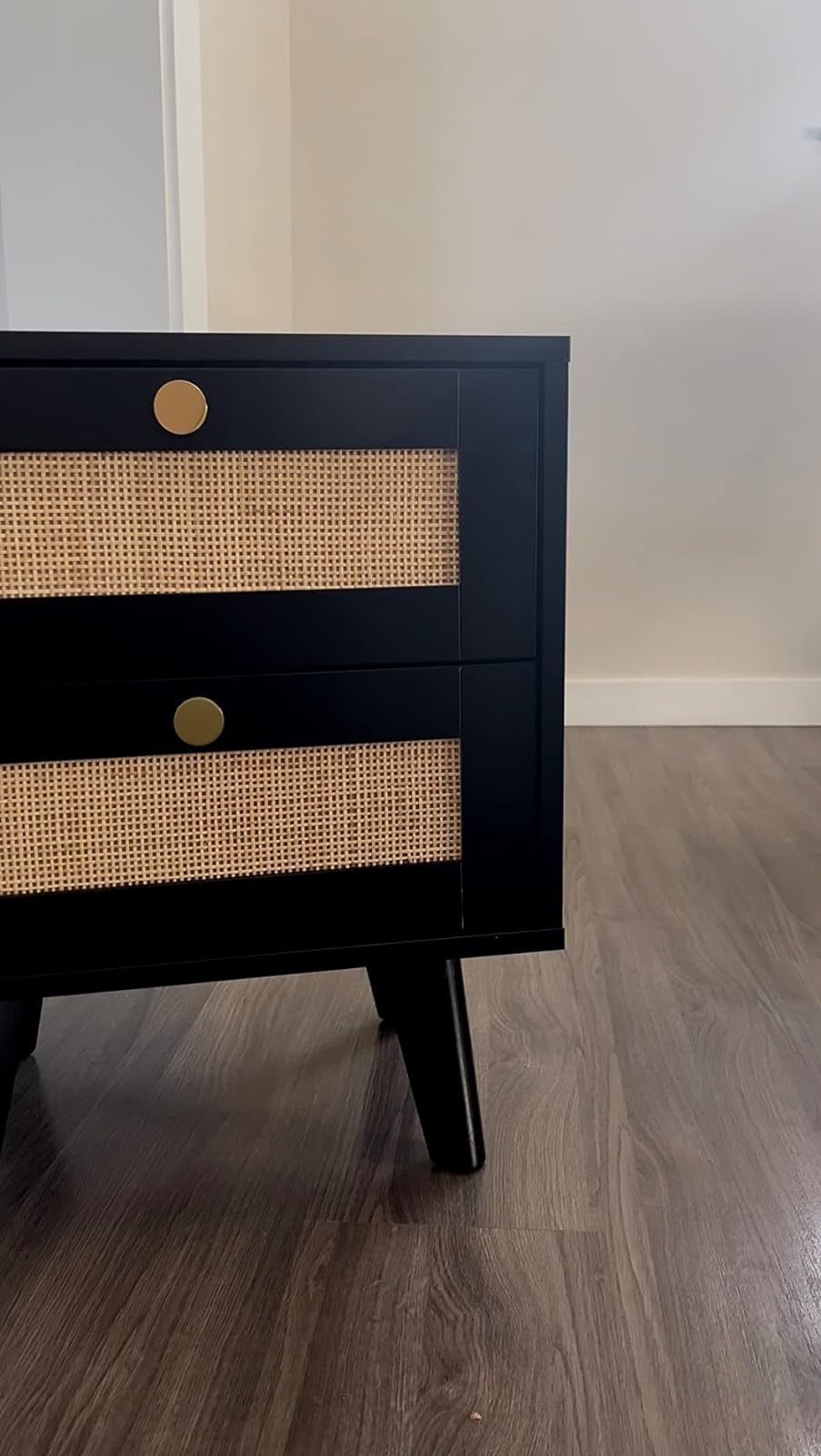Anmytek Nightstand, Farmhouse Rattan Nightstand Wood Bedside Table with 2 Drawers Mid Century Modern Nightstand End Table for Bedroom Living Room Dorm