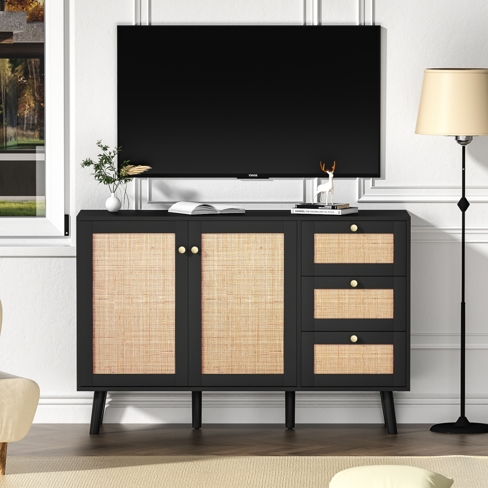 Anmytek Rattan Storage Cabinet, White Sideboard Buffet Cabinet with 2 Doors and 3 Drawers, Sideboard with Storage Wood Credenza Cabinet for Living Room Dining Room Hallway Kitchen